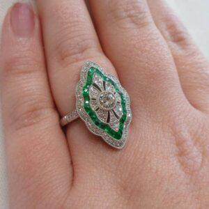 Art Deco Style Emerald and Diamond Cluster Ring Platinum - Size L 1/2 (US 6) (S8554) - Image 5