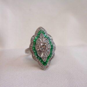 Art Deco Style Emerald and Diamond Cluster Ring Platinum - Size L 1/2 (US 6) (S8554) - Image 7