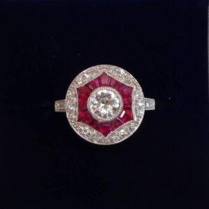 Art Deco Style Ruby and Diamond Cluster Ring 14ct Yellow Gold - Size N 1/2 (S8555) - Image 1