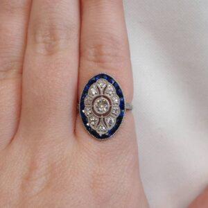 Art Deco Style Sapphire and Diamond Platinum Ring - Size M (S8551) - Image 7