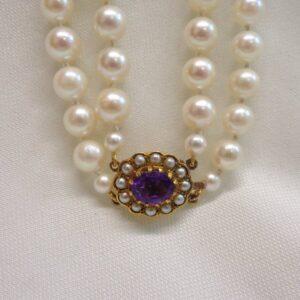 Incredible Two Row Cultured Pearl with Amethyst and Pearl 9ct Clasp - Length 22 1/2in (S7657) - Image 3