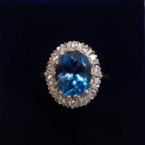 Vintage c.1984 Blue Topaz and Diamond Cluster Ring 18ct Yellow Gold - Size M (S8605) - Image 1