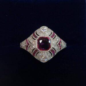 Art Deco Style Ruby and Diamond Cluster Ring Platinum - Size M (S8552)