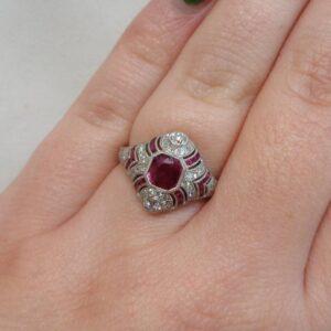 Art Deco Style Ruby and Diamond Cluster Ring Platinum - Size M (S8552) - Image 7