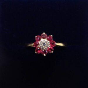 Gorgeous Ruby and Diamond Flower Cluster Ring 18ct Gold - Size L 1/2 (S8612)