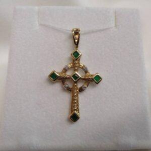 Beautiful Emerald and Diamond Celtic Cross Style Pendant 9ct Yellow Gold - Length 35mm (A1224)