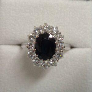 Vintage C.1984 Sapphire and Diamond Cluster Ring 18ct White Gold - Size R 1/2 (A1139)