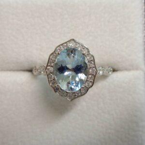 Fancy Aquamarine and Diamond Cluster Ring in Platinum - Size N 1/2 (A1150)