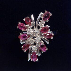 Unique Ruby and Diamond Cluster Ring 14ct White Gold - Size N (A1327)