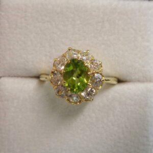 Antique Peridot and Diamond Cluster Ring 18ct Yellow Gold - Size J 1/2 (A1410)