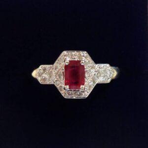 Art-Deco Style Ruby and Diamond Ring 9ct Yellow Gold - Size S 1/2 (A1487)