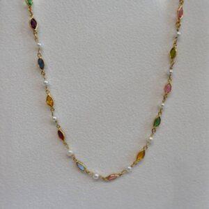 Vintage Multi-coloured Stone and Pearl Necklace in 18ct Yellow Gold - Length 16 inch (A1237)