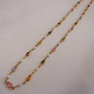 Vintage Multi-coloured Stone and Pearl Necklace in 18ct Yellow Gold - Length 16 inch (A1237) - Image 4