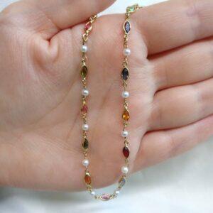 Vintage Multi-coloured Stone and Pearl Necklace in 18ct Yellow Gold - Length 16 inch (A1237) - Image 5