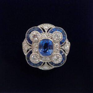 Certified Art-Deco Style Sapphire and Diamond Ring in Platinum - Size L 1/2 (A1518)