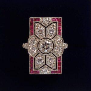 Certified Art-Deco Style Ruby and Diamond Ring in Platinum- Size N 1/2 (A1515)