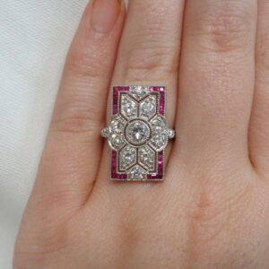 Certified Art-Deco Style Ruby and Diamond Ring in Platinum- Size N 1/2 (A1515) - Image 6
