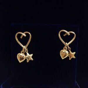 Fancy Heart Earrings with Charms in 9ct Yellow Gold – Length 36mm (A1675)