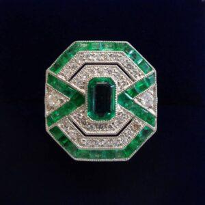 Certified Art-Deco Style Colombian Emerald and Diamond Ring in Platinum - Size M (A1524)