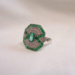 Certified Art-Deco Style Colombian Emerald and Diamond Ring in Platinum - Size M (A1524) - Image 4