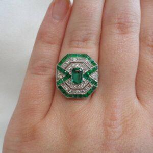 Certified Art-Deco Style Colombian Emerald and Diamond Ring in Platinum - Size M (A1524) - Image 6