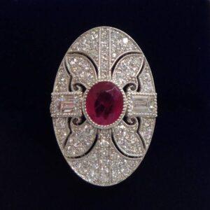 Certified Art-Deco Style Ruby and Diamond Ring in Platinum- Size L 1/2 (A1517) - Image 1