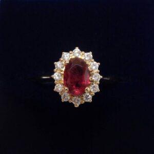 Ruby and Diamond Halo Cluster Ring in 14ct Yellow Gold – Size O (A1131)