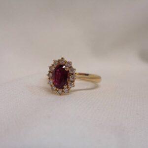 Ruby and Diamond Halo Cluster Ring in 14ct Yellow Gold – Size O (A1131) - Image 4