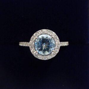 Aquamarine and Diamond Halo Cluster Ring in 18ct White Gold – Size K 1/2 (A1509)