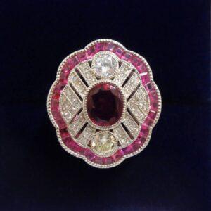 Certified Art-Deco Style Burmese Ruby and Diamond Ring in Platinum- Size O (A1519)