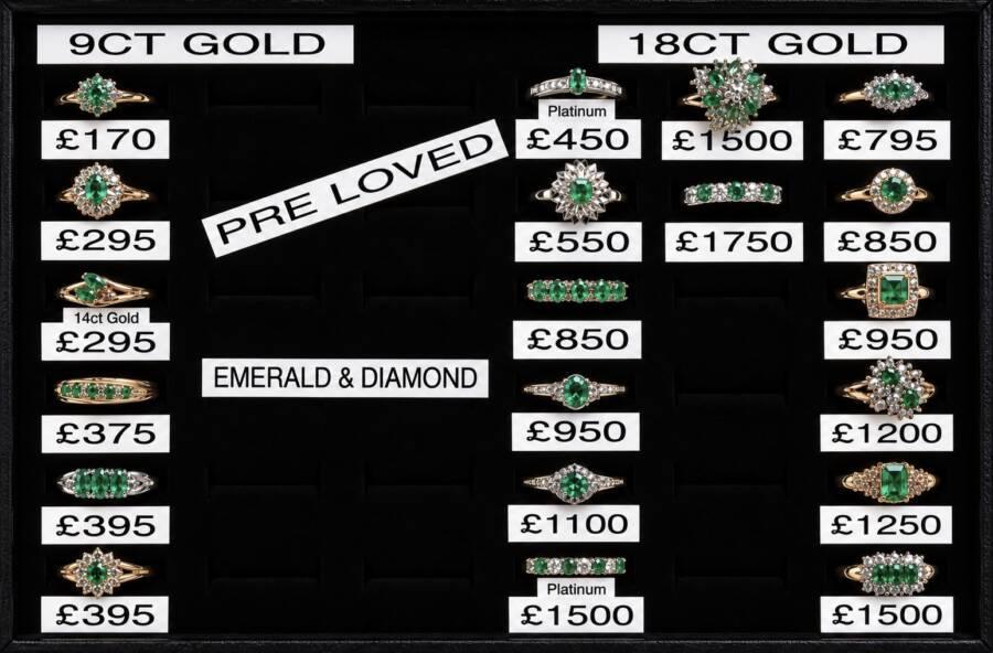 A Selection of PRE-LOVED Emerald and Diamond Rings in 9ct, 14ct, 18ct Gold and Platinum