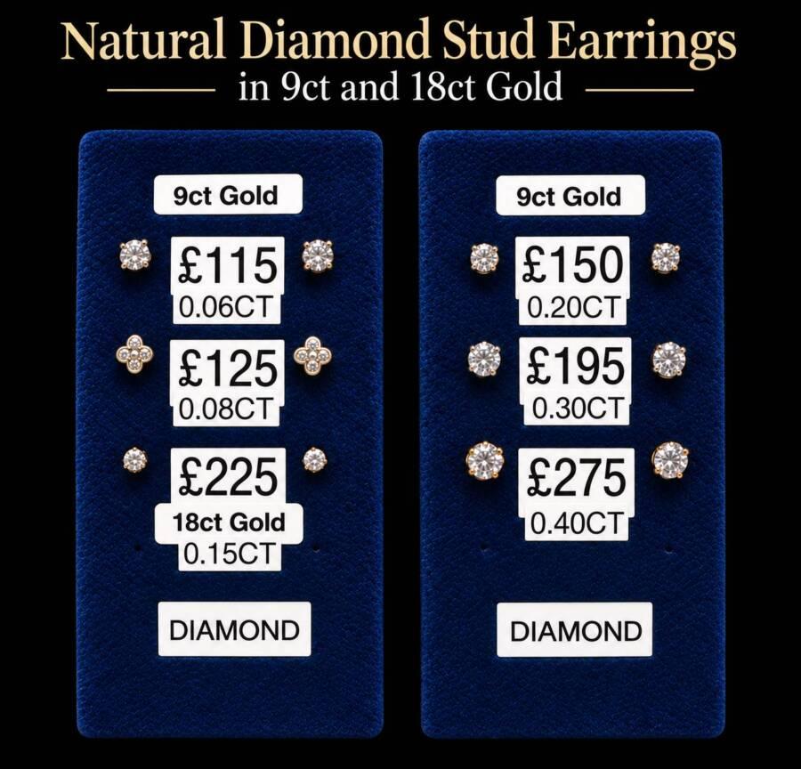 A Selection of PRE-LOVED DIAMOND Stud Earrings – All in 9ct and 18ct Yellow Gold