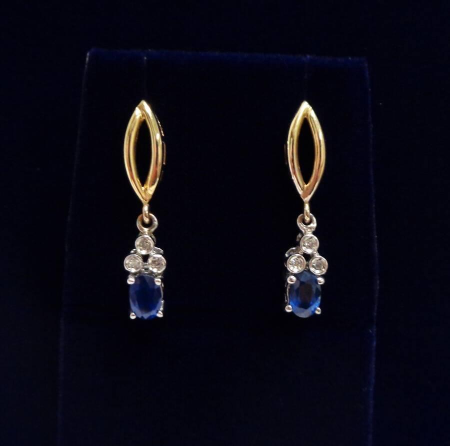 Beautiful Sapphire and Diamond Drop Earrings in 9ct Two Tone Gold – Length 27mm (A1731)