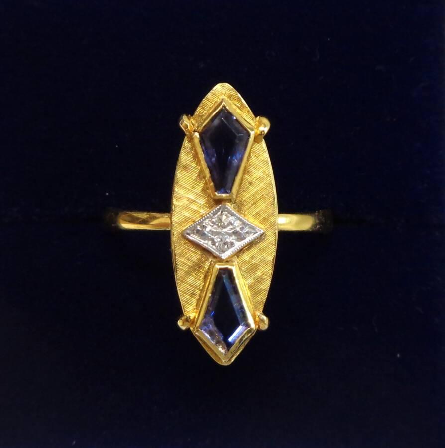 Art-Deco Style Iolite and Diamond Ring in 9ct Yellow Gold - Size N (A1411)